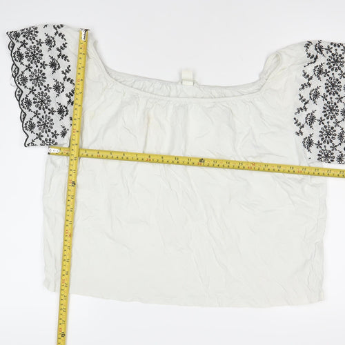 H&M Womens White Embroidered Floral Boho Blouse Size 12