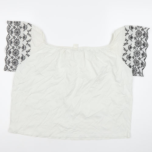 H&M Womens White Embroidered Floral Boho Blouse Size 12