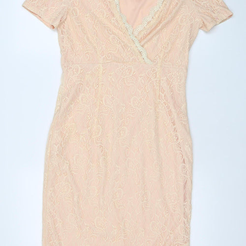 Missguided Women’s Beige Lace Sheath Dress Size 14 V-Neck Party Wedding