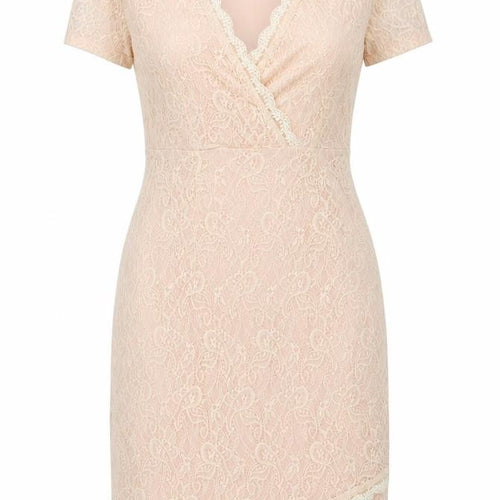 Missguided Women’s Beige Lace Sheath Dress Size 14 V-Neck Party Wedding