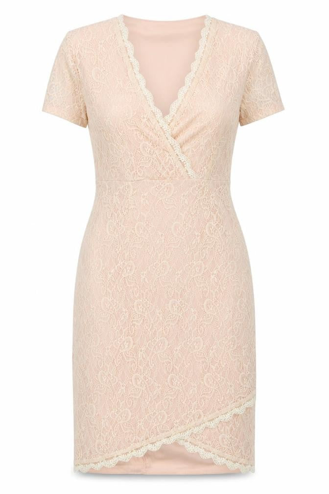 Missguided Women’s Beige Lace Sheath Dress Size 14 V-Neck Party Wedding