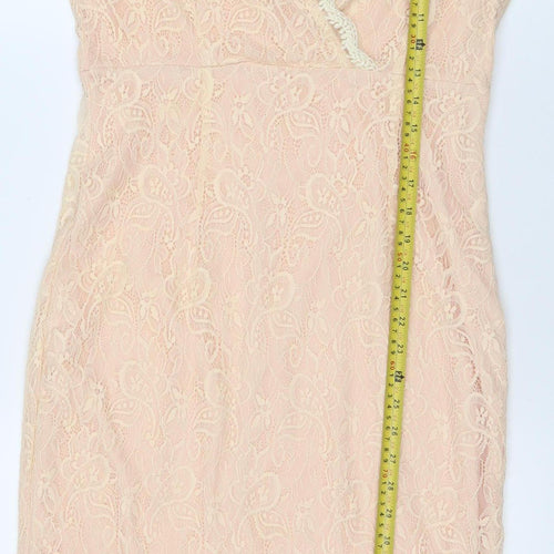 Missguided Women’s Beige Lace Sheath Dress Size 14 V-Neck Party Wedding