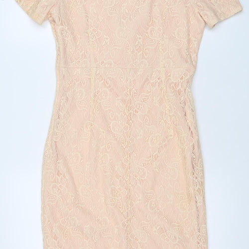 Missguided Women’s Beige Lace Sheath Dress Size 14 V-Neck Party Wedding