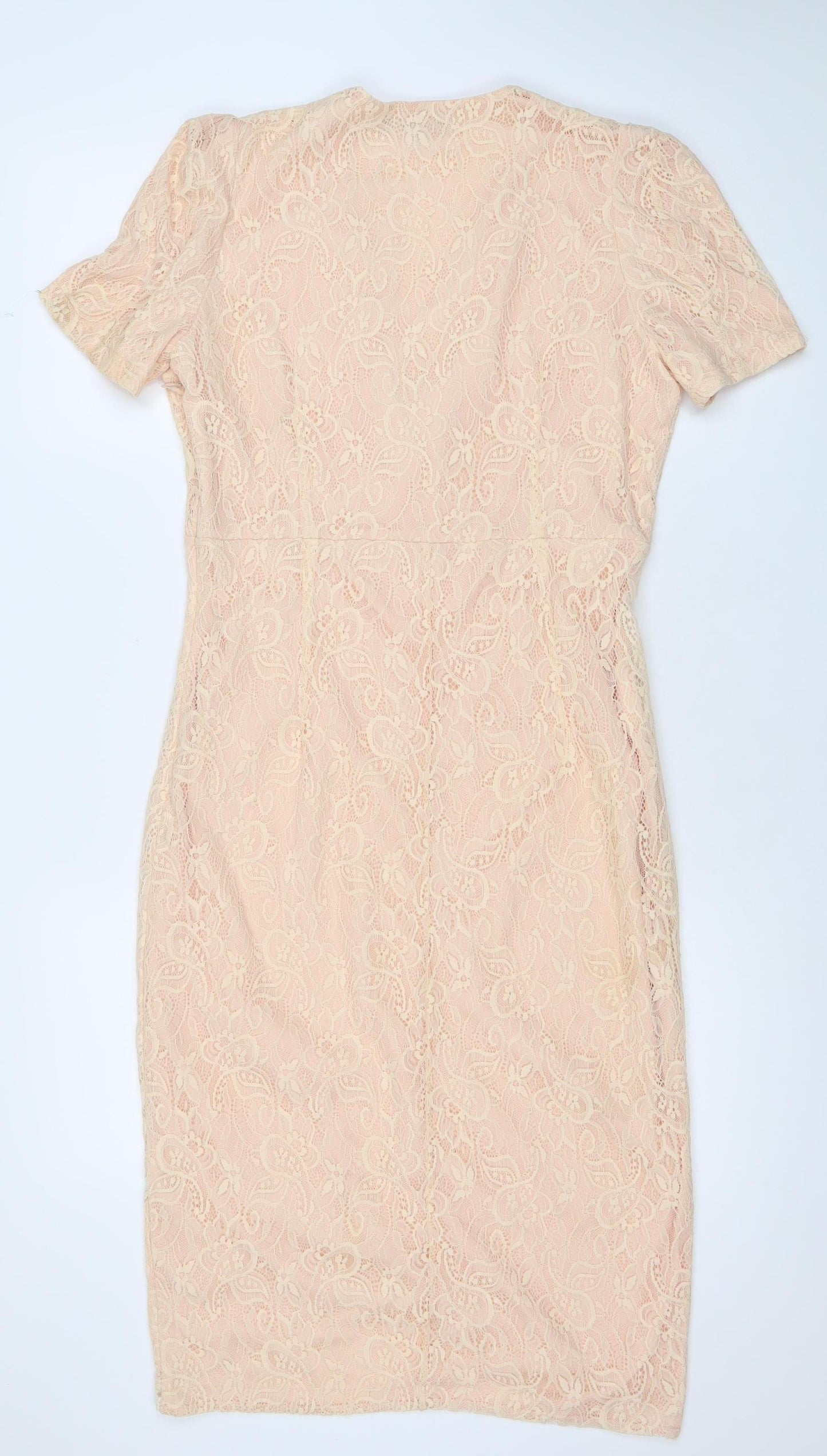 Missguided Women’s Beige Lace Sheath Dress Size 14 V-Neck Party Wedding