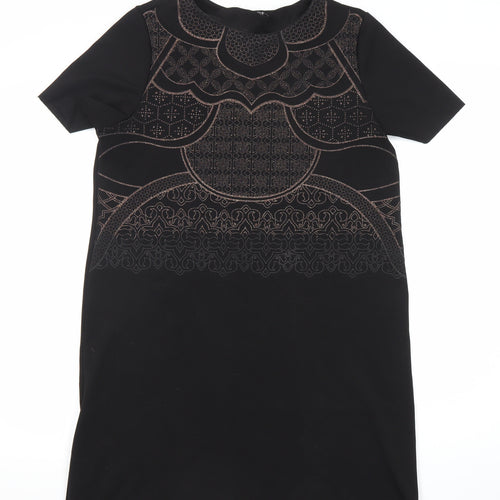 Zara Women Black Size 10 Embroidered Shift Dress Short Sleeve