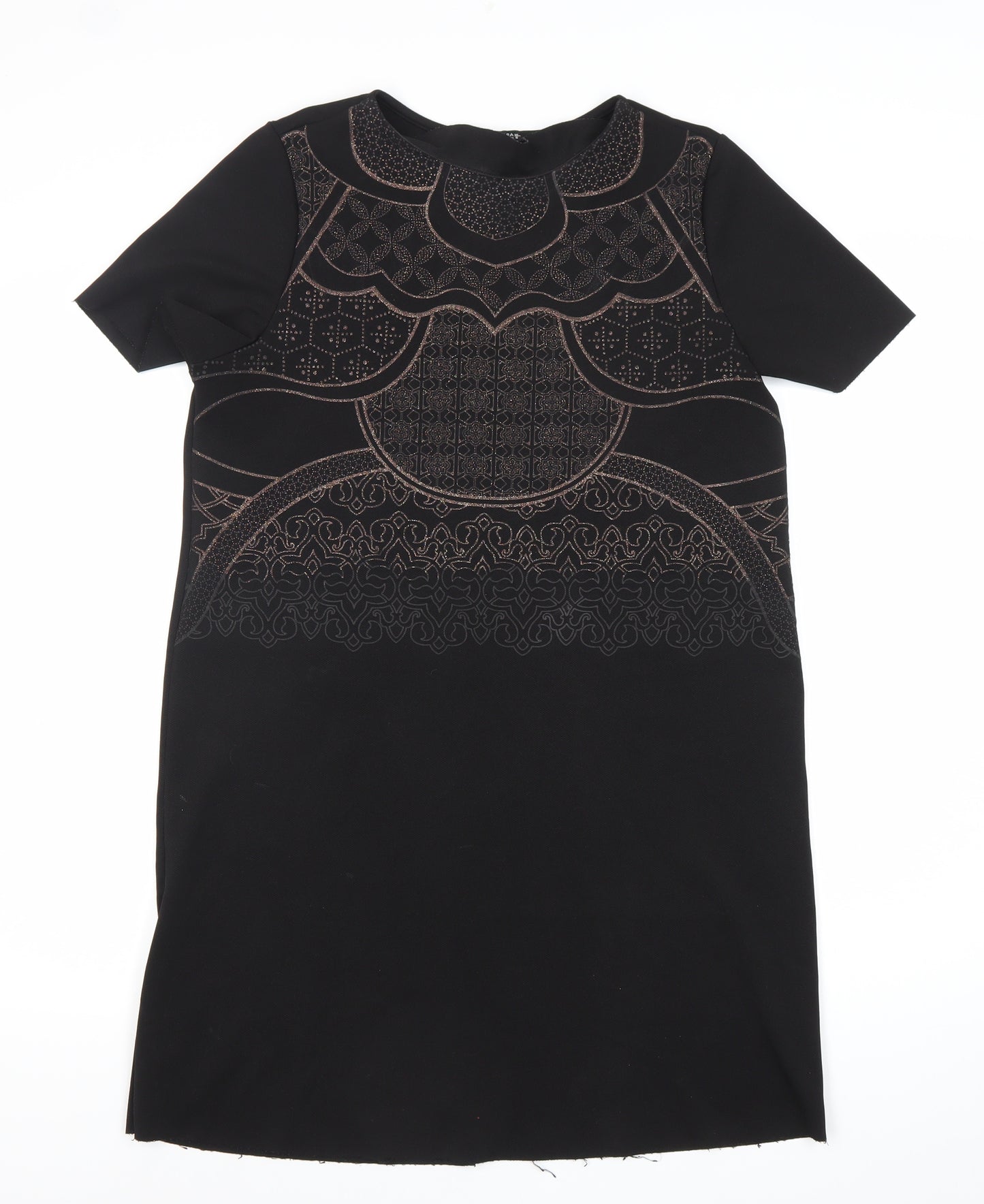 Zara Women Black Size 10 Embroidered Shift Dress Short Sleeve
