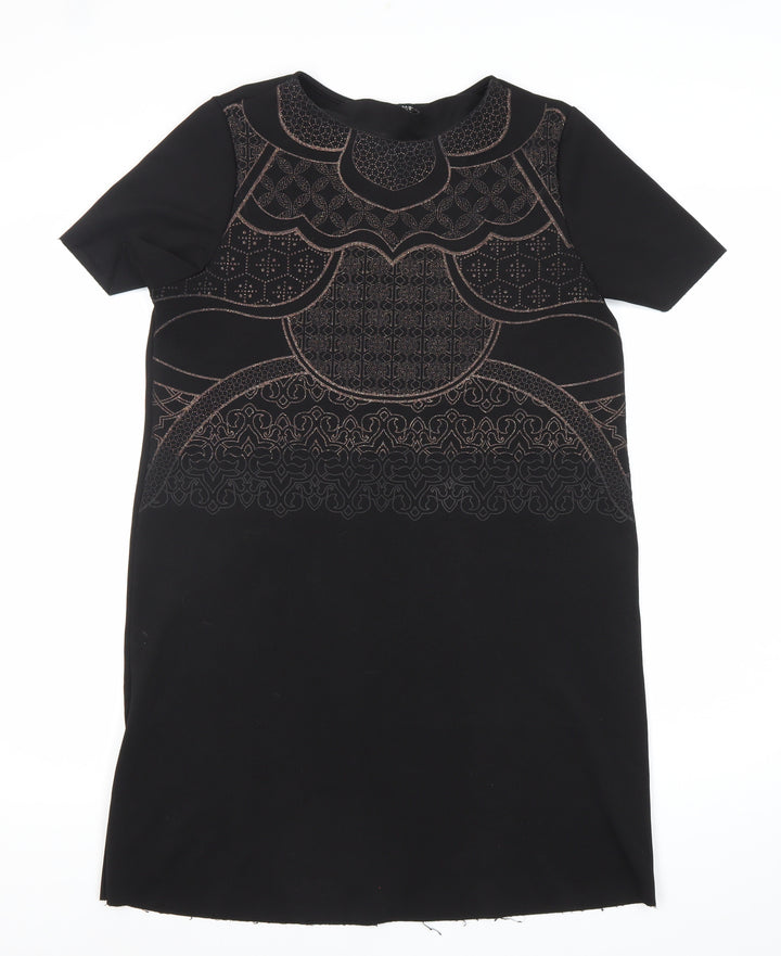 Zara Women Black Size 10 Embroidered Shift Dress Short Sleeve