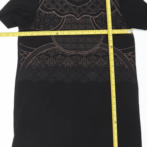 Zara Women Black Size 10 Embroidered Shift Dress Short Sleeve