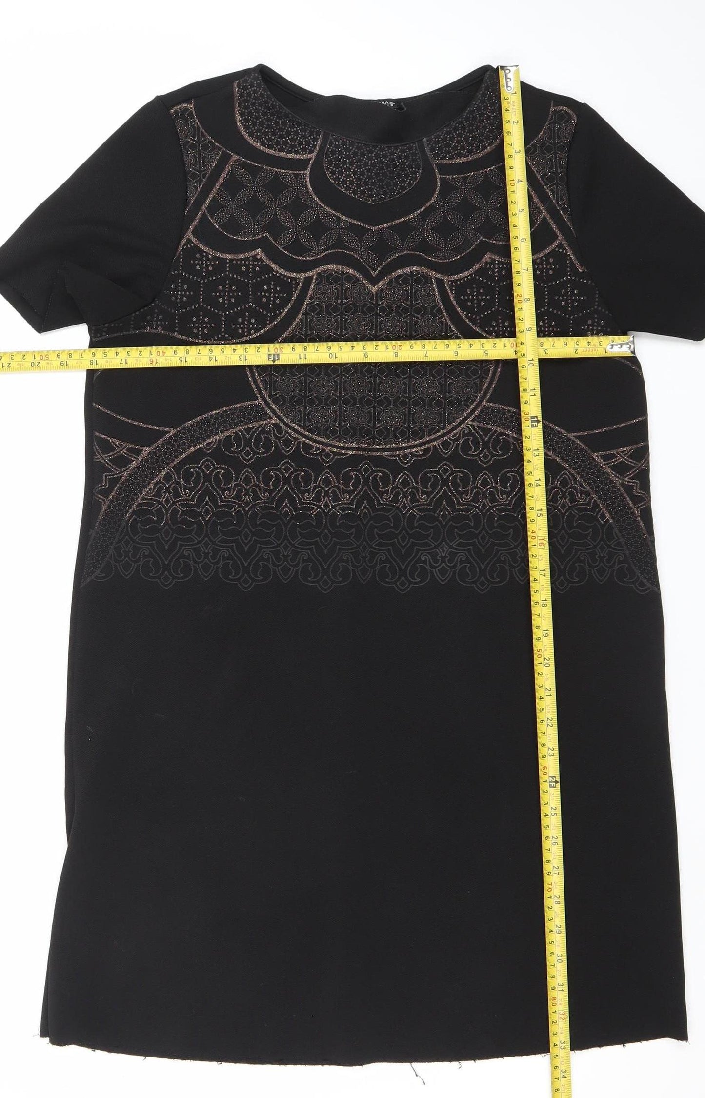 Zara Women Black Size 10 Embroidered Shift Dress Short Sleeve