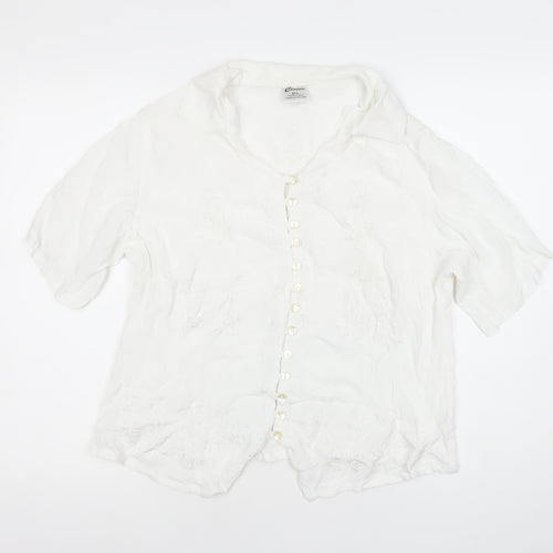 Classic Womens White Viscose Embroidered Button-Up Blouse M Short Sleeve