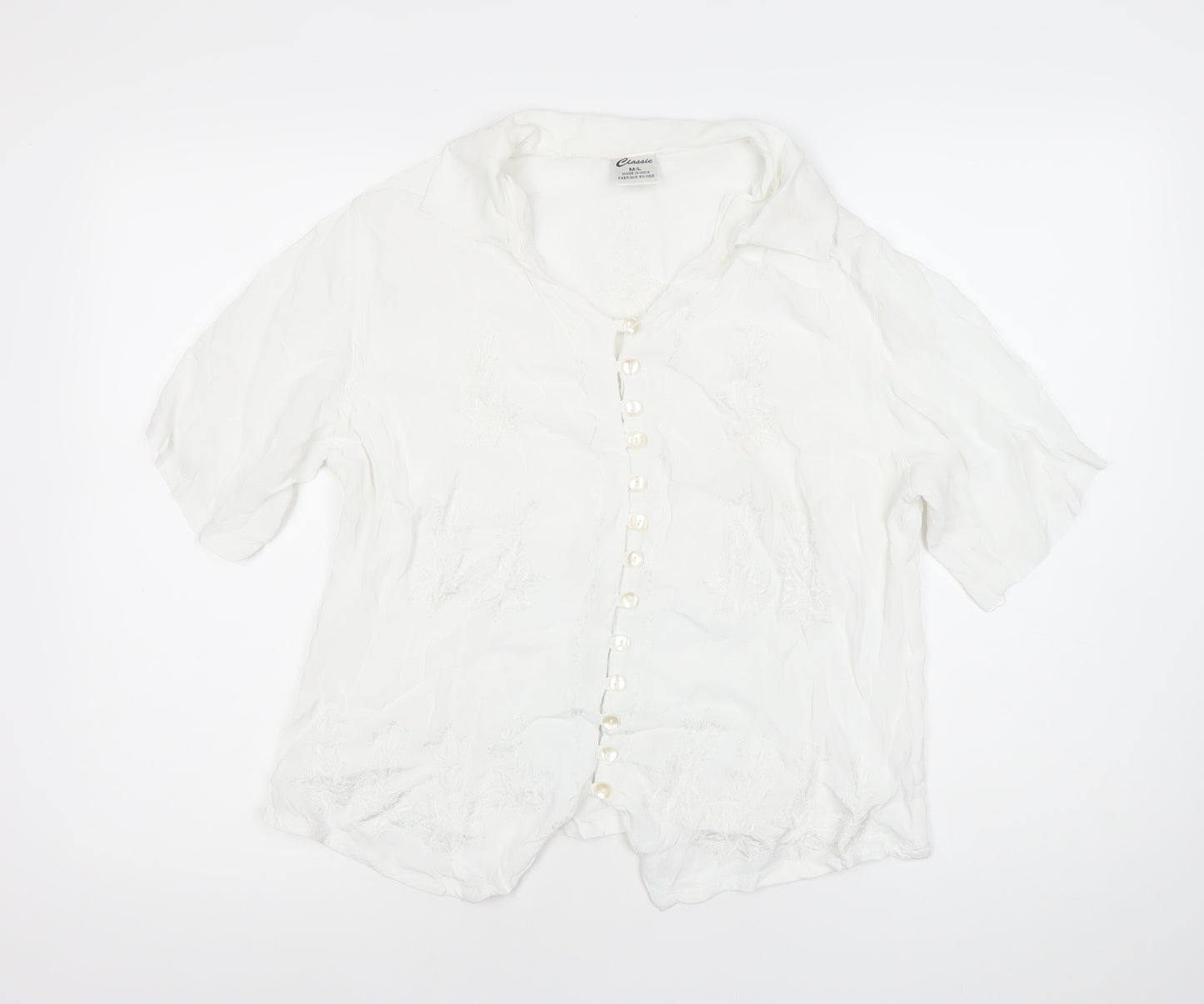 Classic Womens White Viscose Embroidered Button-Up Blouse M Short Sleeve