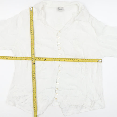 Classic Womens White Viscose Embroidered Button-Up Blouse M Short Sleeve