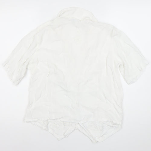 Classic Womens White Viscose Embroidered Button-Up Blouse M Short Sleeve