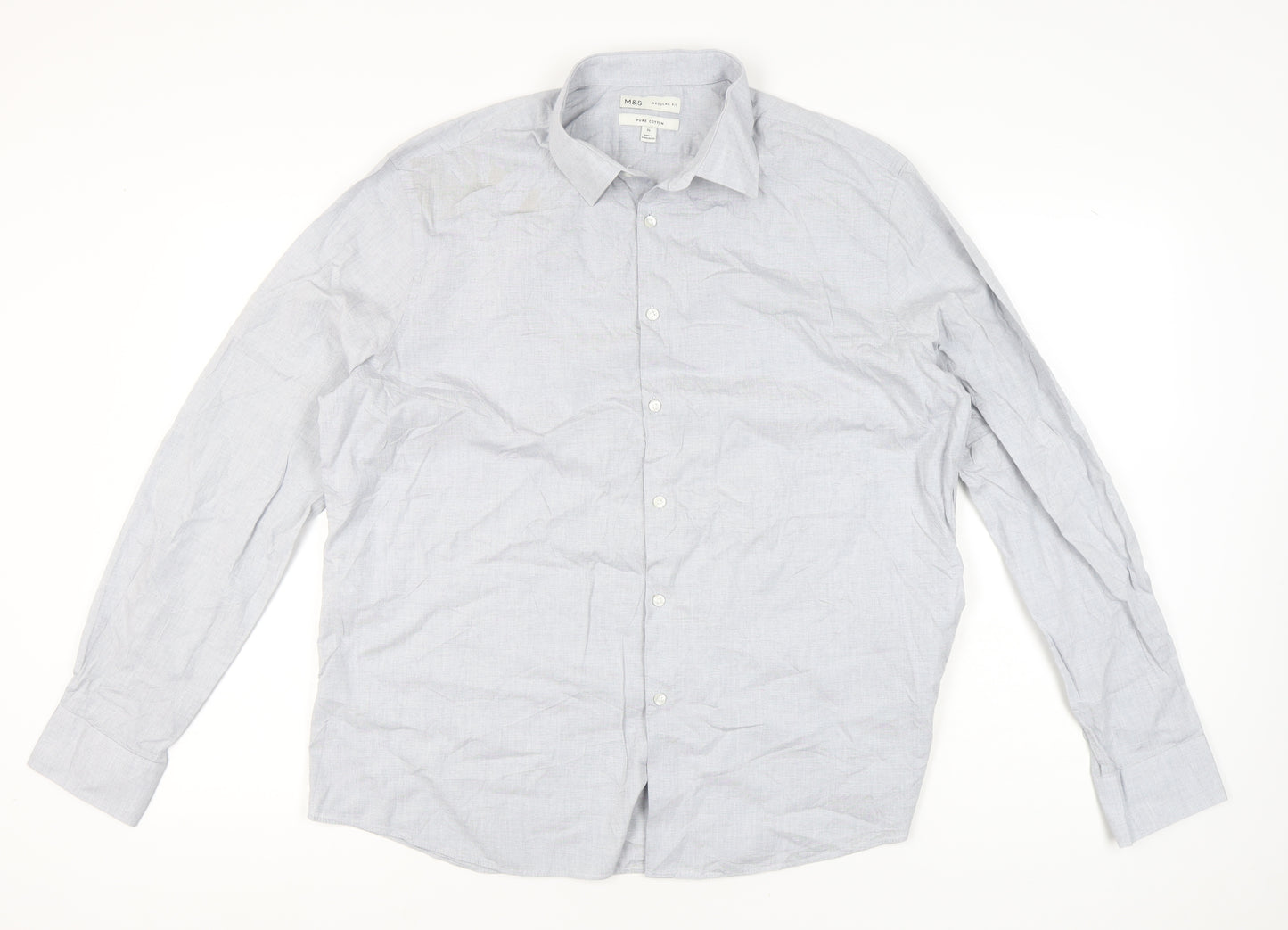 Marks and Spencer Men's Grey XL 44-46" Regular Fit Cotton Shirt