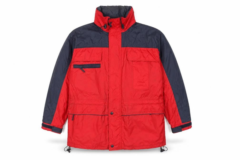 Front view of Gianfranco Ferre Outdoor Men’s Red Blue Parka Jacket, size L, Waterproof