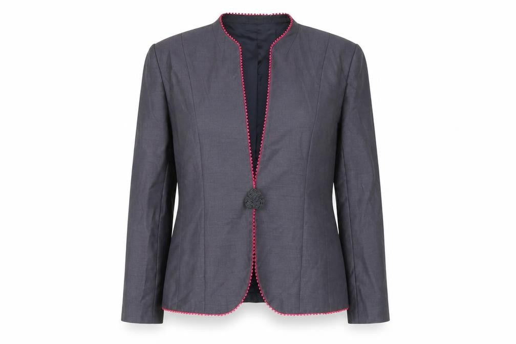 Front view of Jacques Vert women’s grey suit jacket uk 16 shawl collar tailored