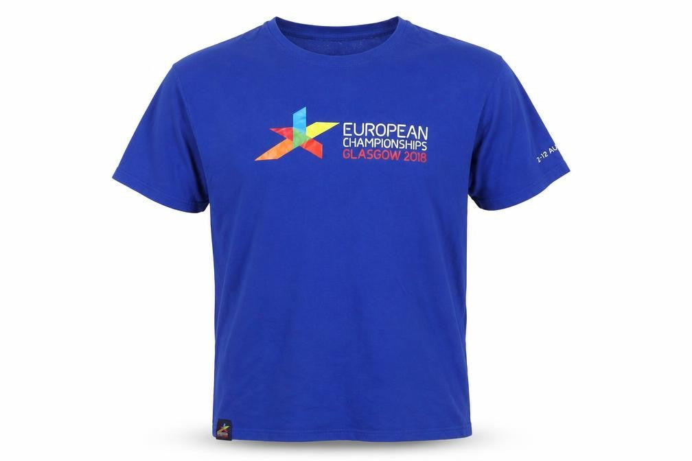 Front view of European Championships 2018 Men's Blue Medium Graphic T-Shirt