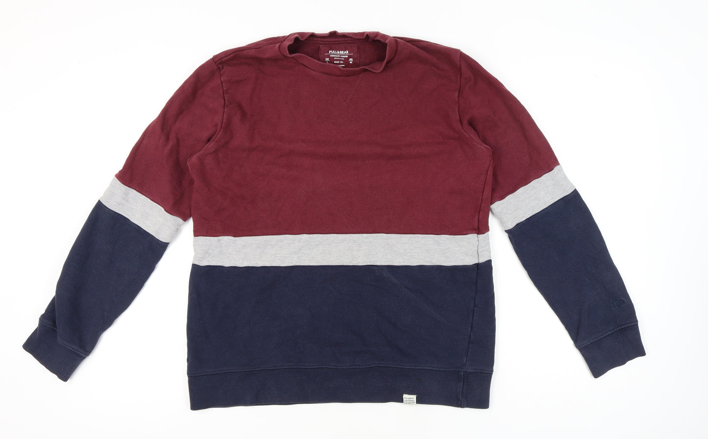 Pull&Bear Men’s Colour Block Sweatshirt L Red Grey Blue Crew Neck