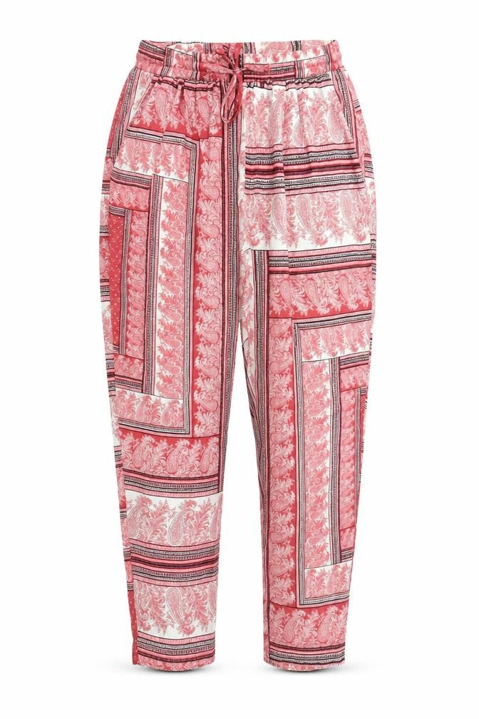 Front view of PRETTYLITTLETHING women’s red paisley jogger trousers, size UK 12
