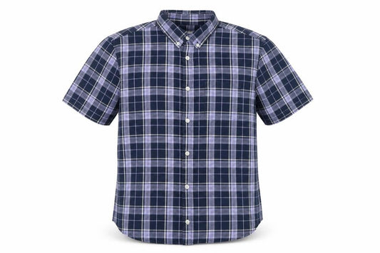 Front view of Burton Menswear London Men's Blue Plaid Short Sleeve Button-Up Shirt M