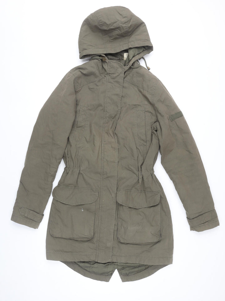 La Redoute Women’s Green Parka Coat Size 10 Hooded Mid-Length Cotton