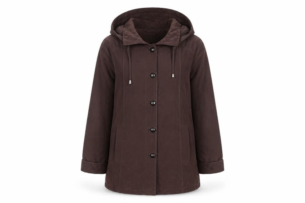 Front view of Klassik women’s brown hooded mid-length coat, size UK 10