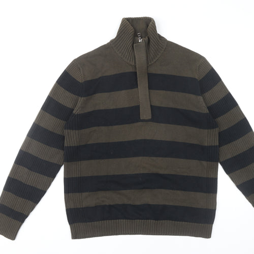 Mexx Men’s Green Black Striped Cotton Jumper M 1/4 Zip High Neck