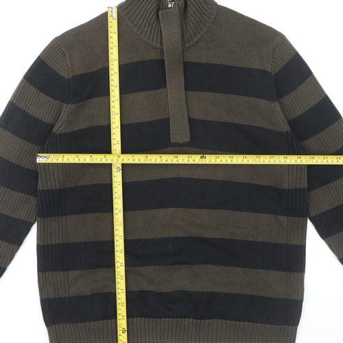 Mexx Men’s Green Black Striped Cotton Jumper M 1/4 Zip High Neck