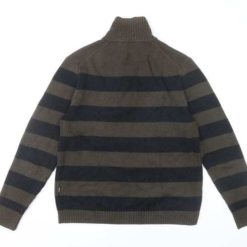 Mexx Men’s Green Black Striped Cotton Jumper M 1/4 Zip High Neck