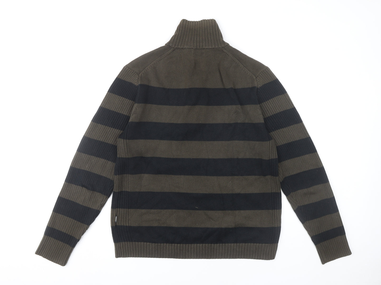 Mexx Men’s Green Black Striped Cotton Jumper M 1/4 Zip High Neck