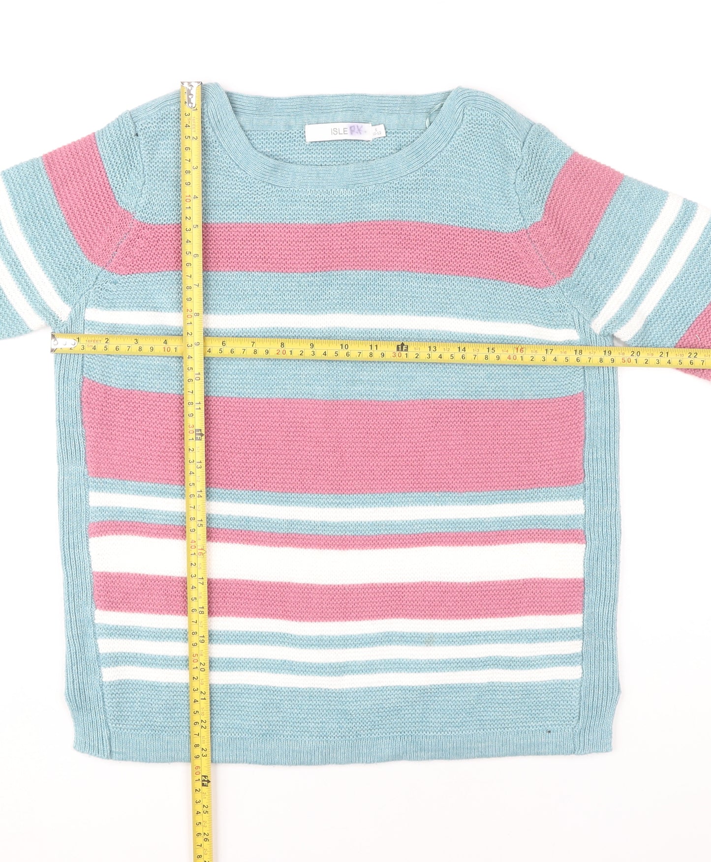 Isle Women’s Blue Striped Acrylic Jumper Size S 10-12 Crew Neck