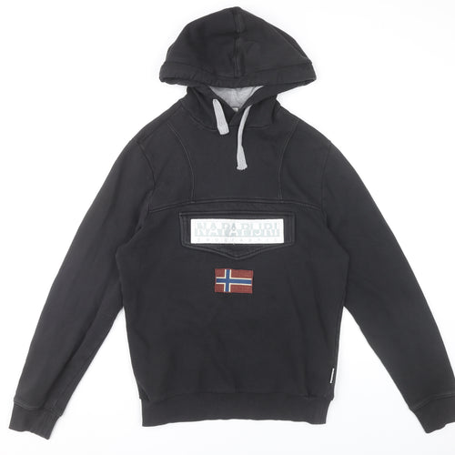 Napapijri Men's Black Pullover Hoodie XS Logo Flag Embroidered