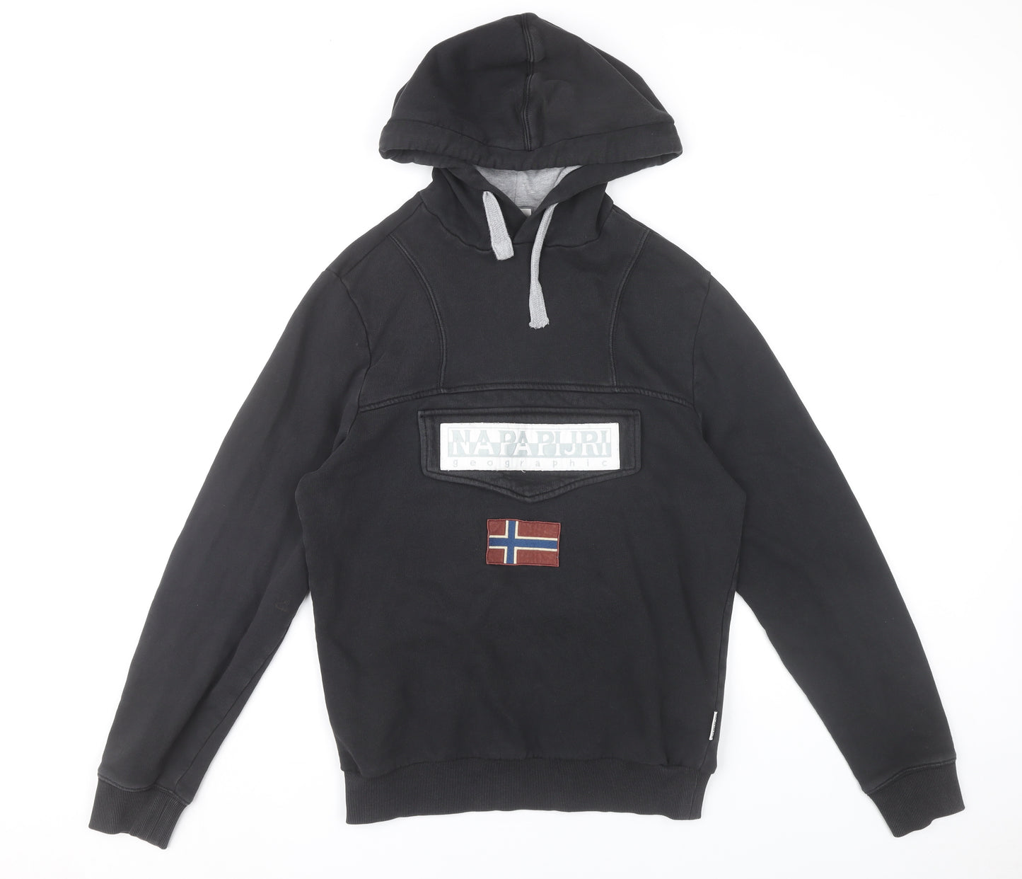 Napapijri Men's Black Pullover Hoodie XS Logo Flag Embroidered