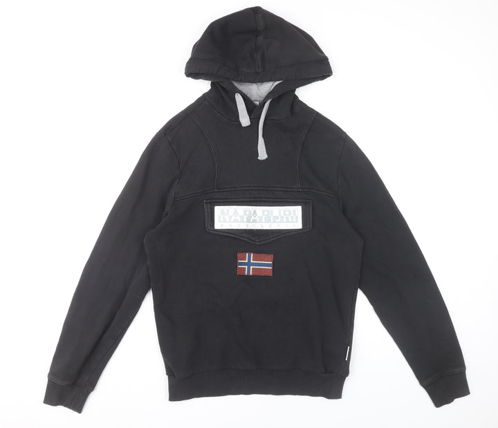 Napapijri Men's Black Pullover Hoodie XS Logo Flag Embroidered