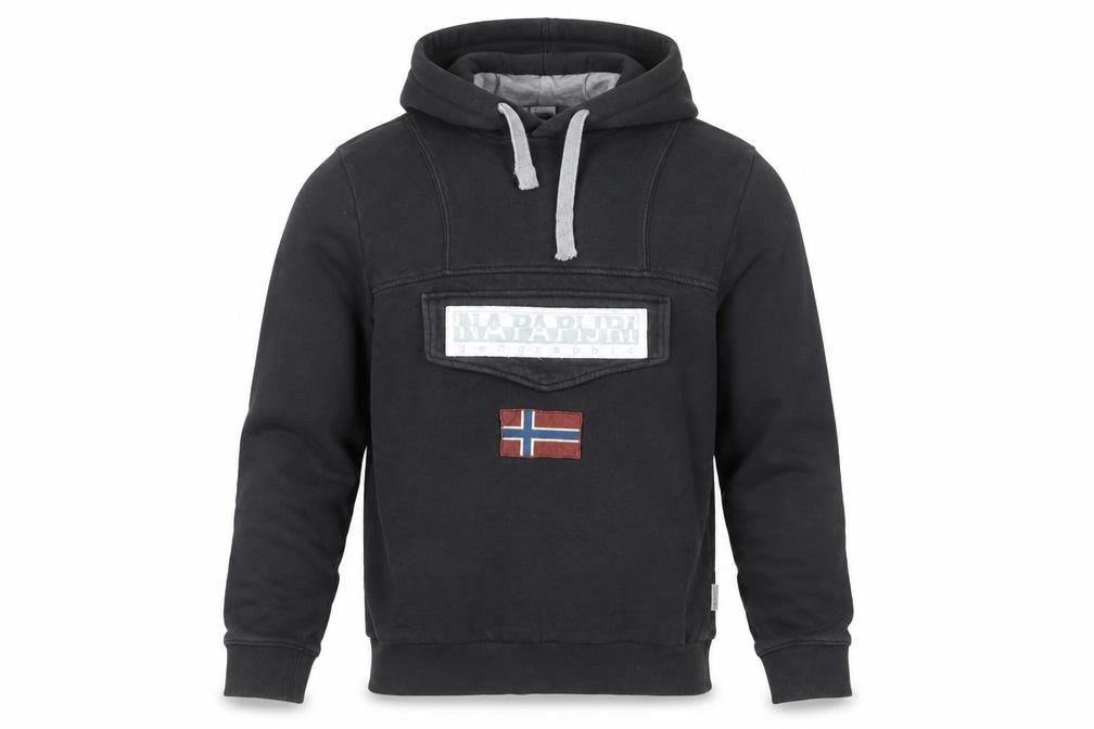 Front view of Napapijri Men's Black Pullover Hoodie XS Logo Flag Embroidered