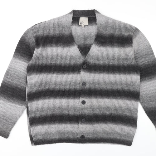 Next Men’s Grey Striped Cardigan Jumper L V-Neck Long Sleeve Knit