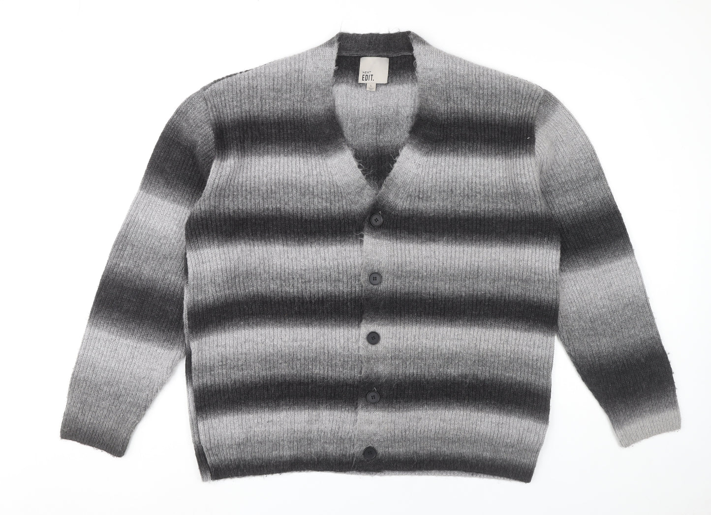 Next Men’s Grey Striped Cardigan Jumper L V-Neck Long Sleeve Knit