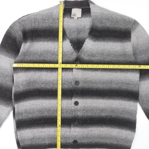 Next Men’s Grey Striped Cardigan Jumper L V-Neck Long Sleeve Knit