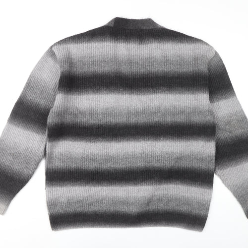 Next Men’s Grey Striped Cardigan Jumper L V-Neck Long Sleeve Knit