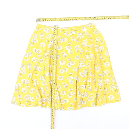 New Look Womens Yellow Floral A-Line Skirt UK 10 Knee Length Cotton