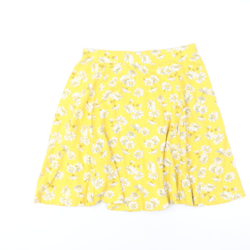 New Look Womens Yellow Floral A-Line Skirt UK 10 Knee Length Cotton