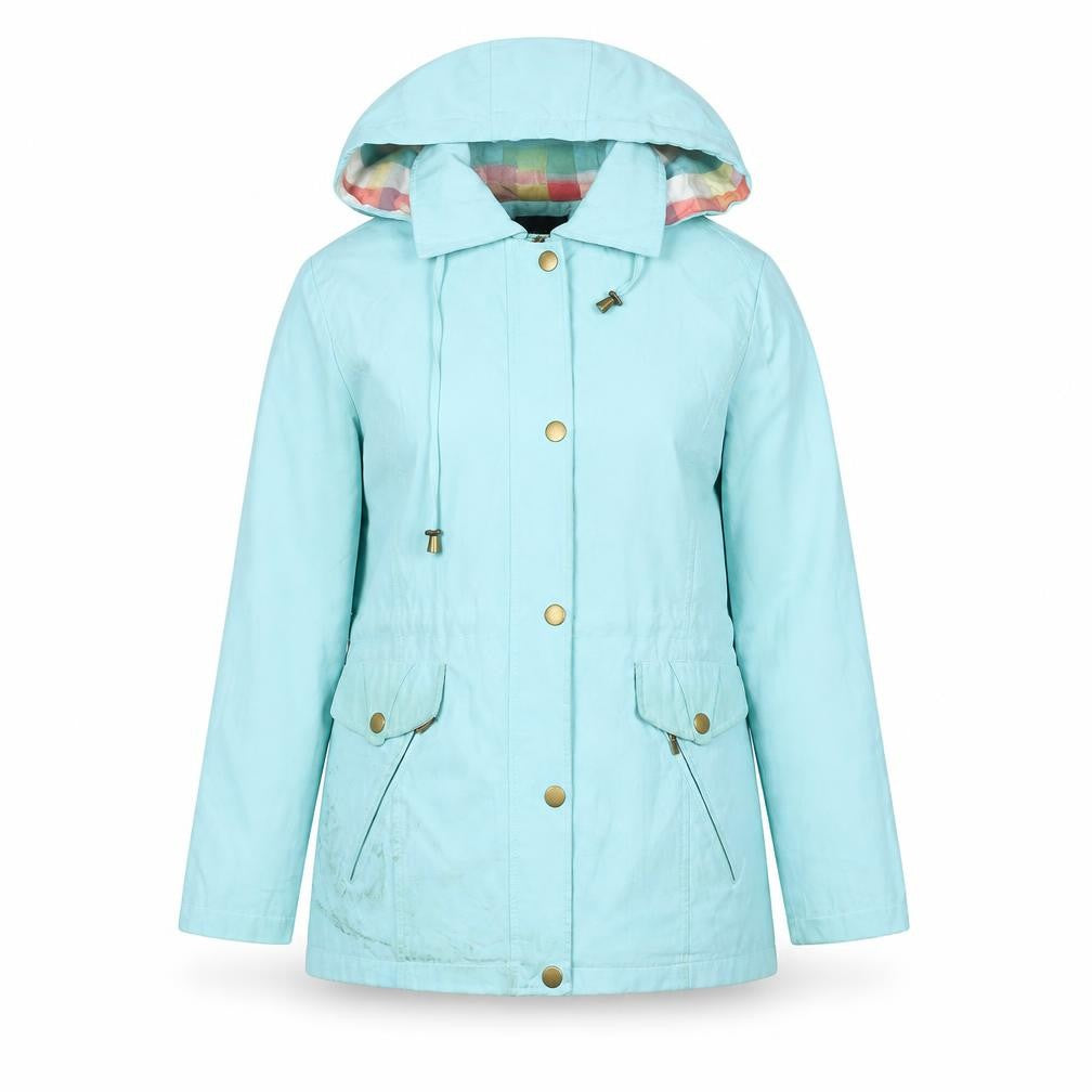 Front view of Almond Bay women’s blue hooded parka jacket, size UK 12, regular
