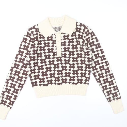 Cider Womens Brown Collared Floral Knit Pullover Jumper XS