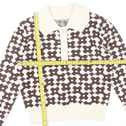 Cider Womens Brown Collared Floral Knit Pullover Jumper XS