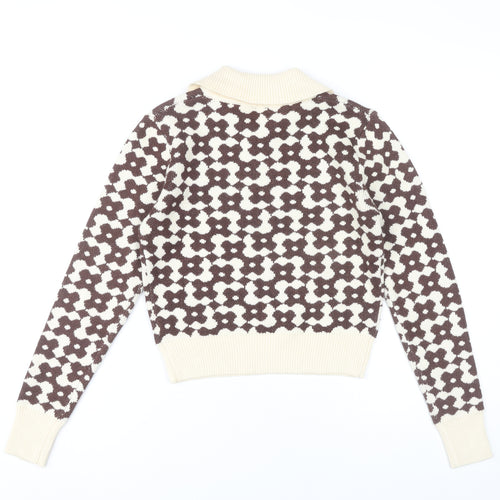 Cider Womens Brown Collared Floral Knit Pullover Jumper XS