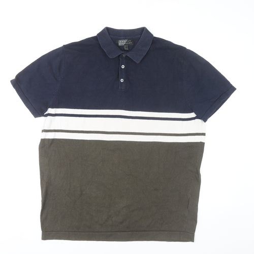 Broken Standard Men’s Brown Blue Striped Cotton Polo Shirt L