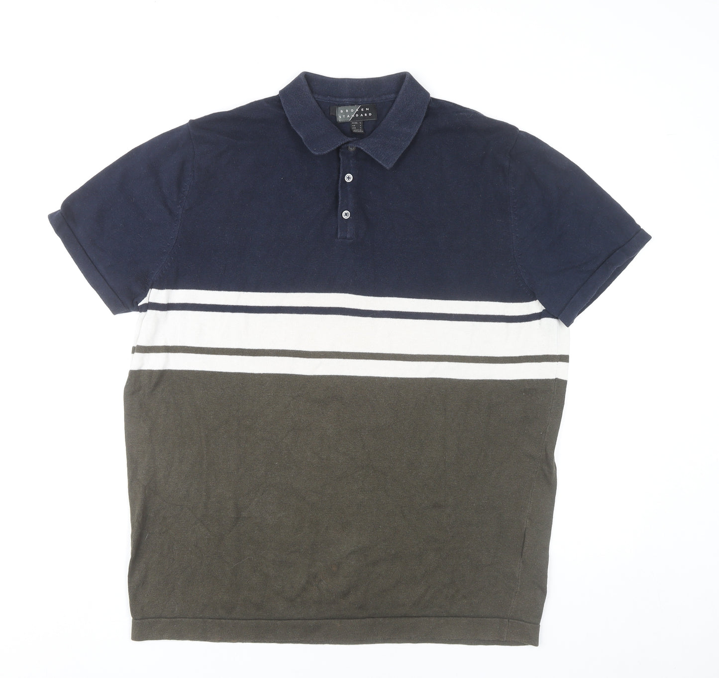 Broken Standard Men’s Brown Blue Striped Cotton Polo Shirt L