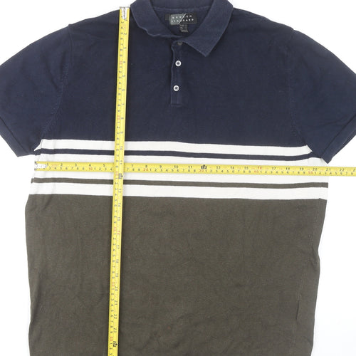 Broken Standard Men’s Brown Blue Striped Cotton Polo Shirt L