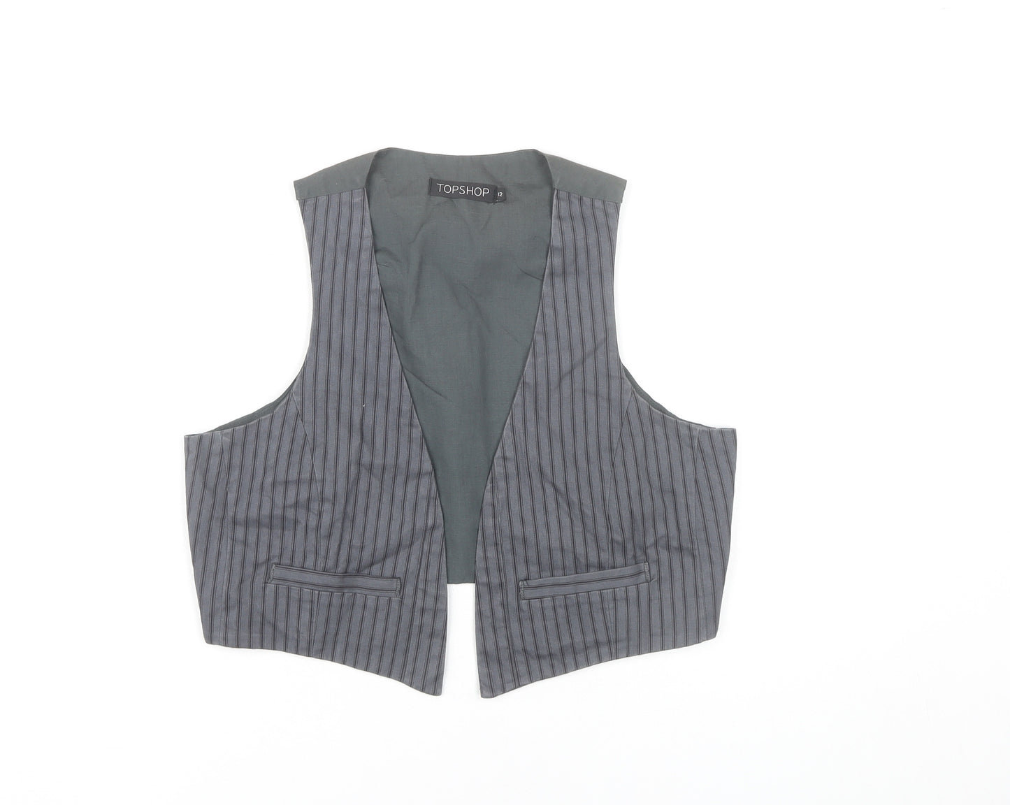 Topshop Women Grey Striped Vest Waistcoat Size 12 Workwear Cotton