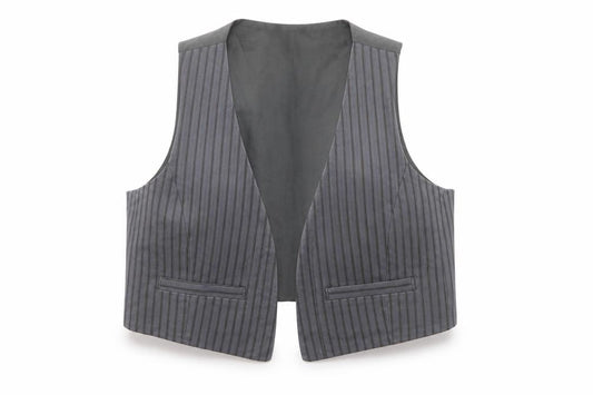 Front view of Topshop Women Grey Striped Vest Waistcoat, size 12, Workwear Cotton